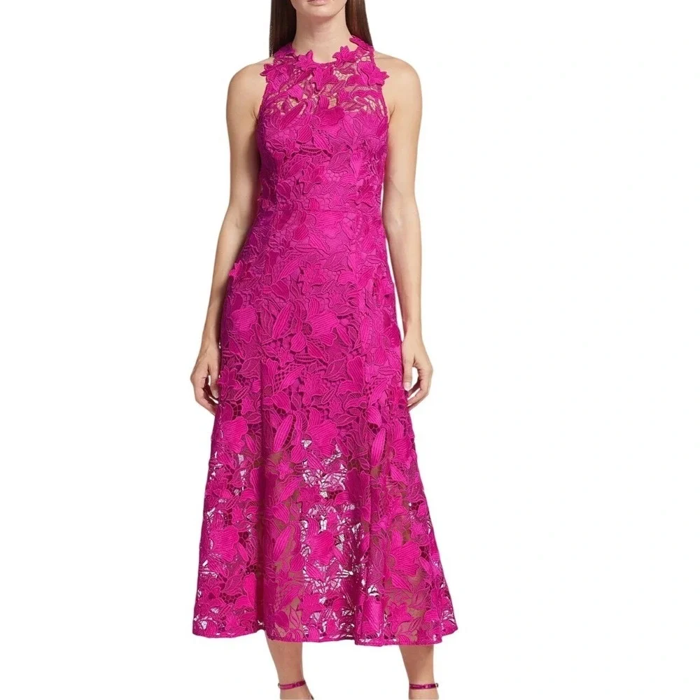 ML Monique Lhuillier Colette Floral Lace Midi Dress Berry Pink Size 4 NWT